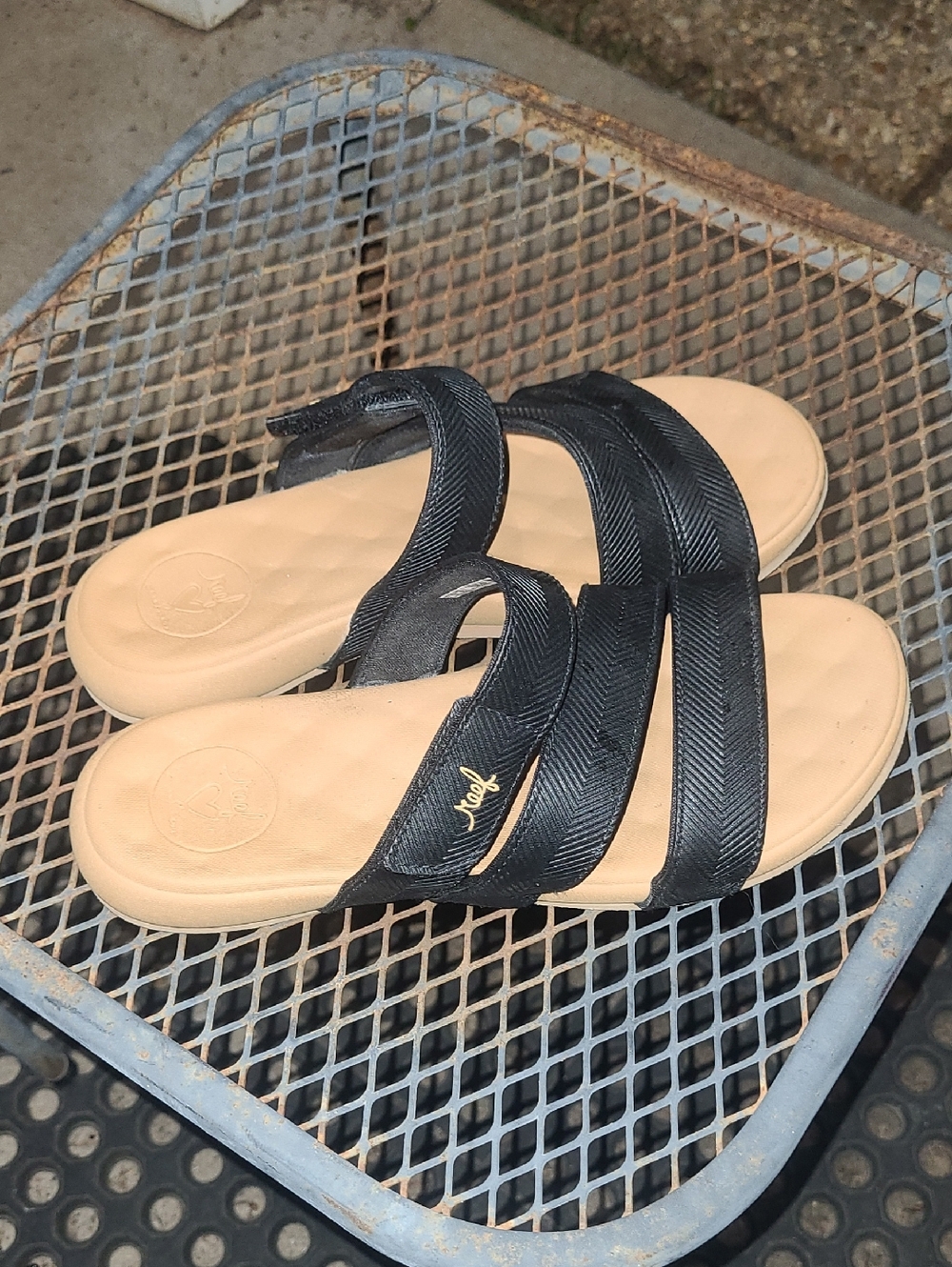Reef Womens Black Triple-Strap Slide Sandals with Tan Footbed Size 6